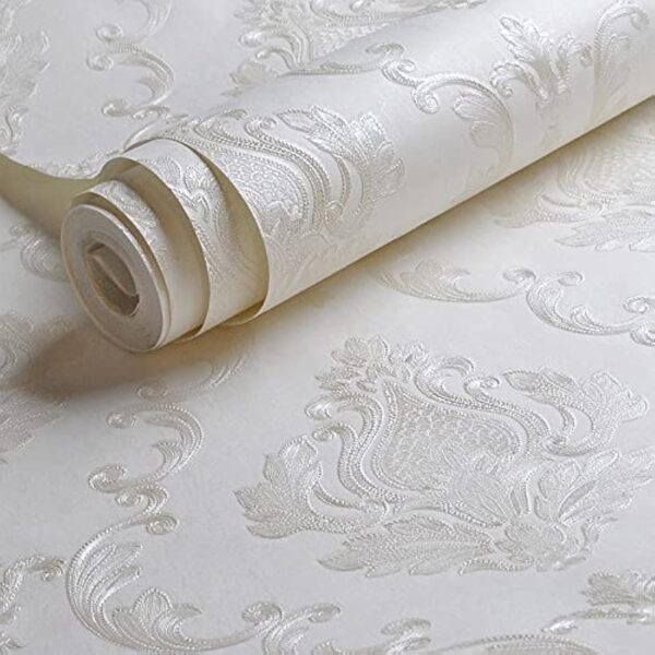Cream White Damask Textured Wallpaper – Elegant Floral Non-Woven Wall Covering