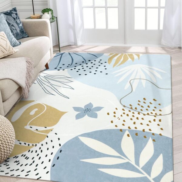 Boho Blue Botanical Area Rug – Washable Soft Non-Slip Floral Carpet for Bedroom, Living Room and Office