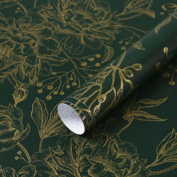 Boho Floral Peel and Stick Wallpaper – Gold and Deep Green Botanical Pattern