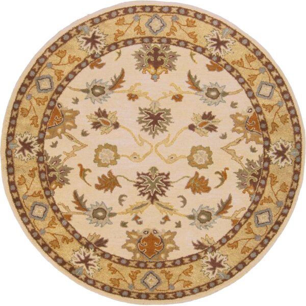 Traditional Khaki Round Wool Area Rug – Classic Brown, White and Beige Carpet for Home Interiors