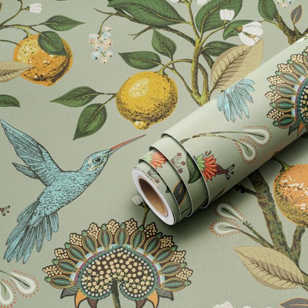 Green Floral Bird Peel and Stick Wallpaper – Vintage Botanical Pattern with Gold Accents