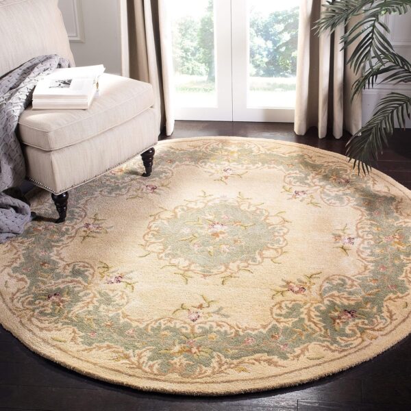 Ivory and Light Blue Handmade Wool Area Rug – French Country Style Carpet for Elegant Home Décor